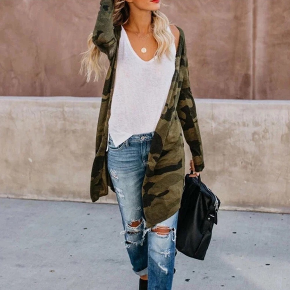 Women camo Print Cardigan Lightweight Long Sleeve Open Front cover up kimono